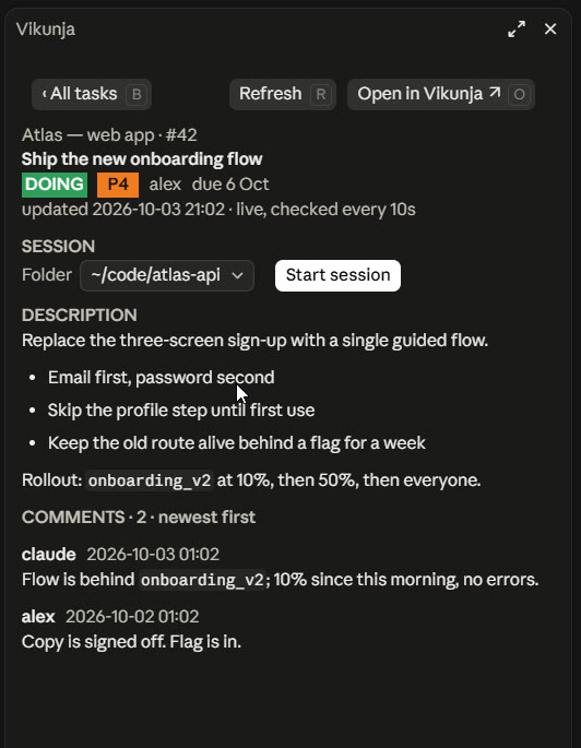 The panel's task view: a title, status and priority badges, a folder picker with a Start session button, the description and comments